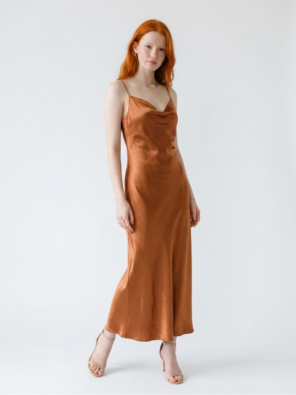 Cowl Satin Slip Dress in Copper - Women's Prom